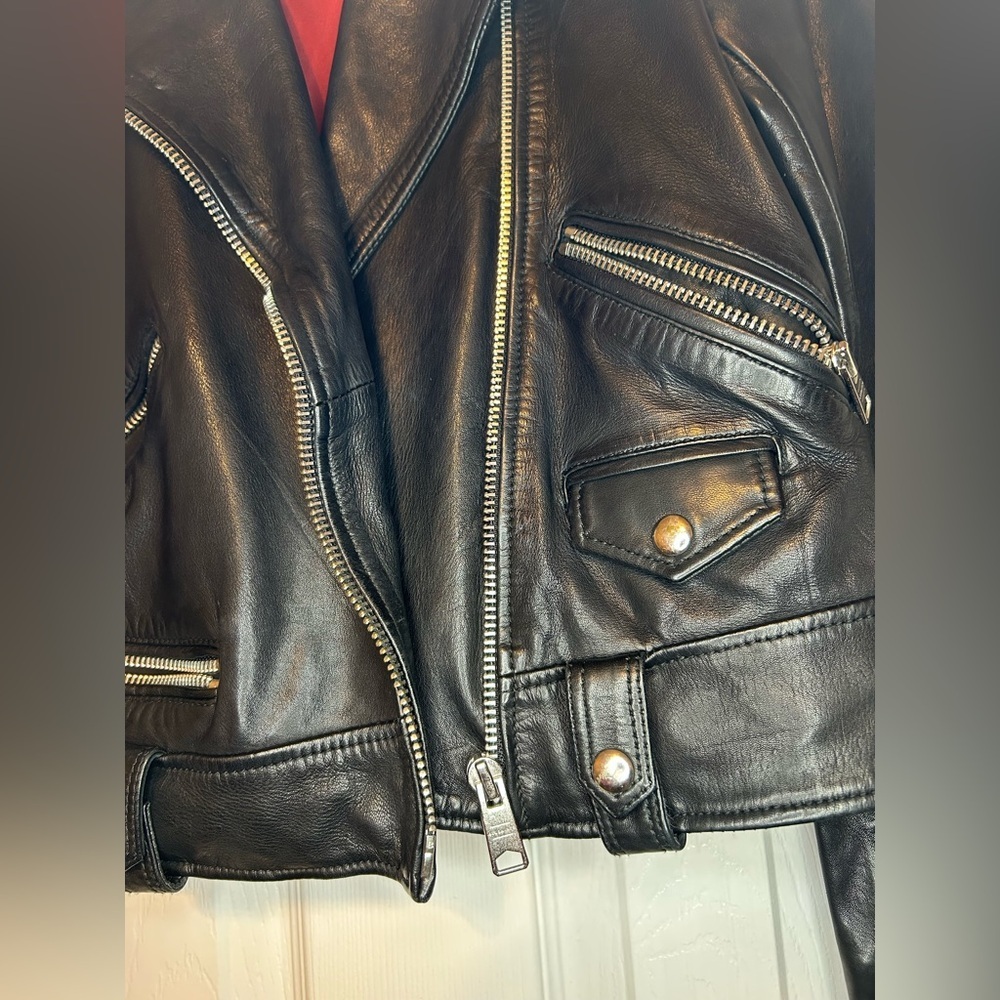 ALLSAINTS Black Sheep Leather Moto Biker Jacket Cropped Size 4 - Picture 8 of 16